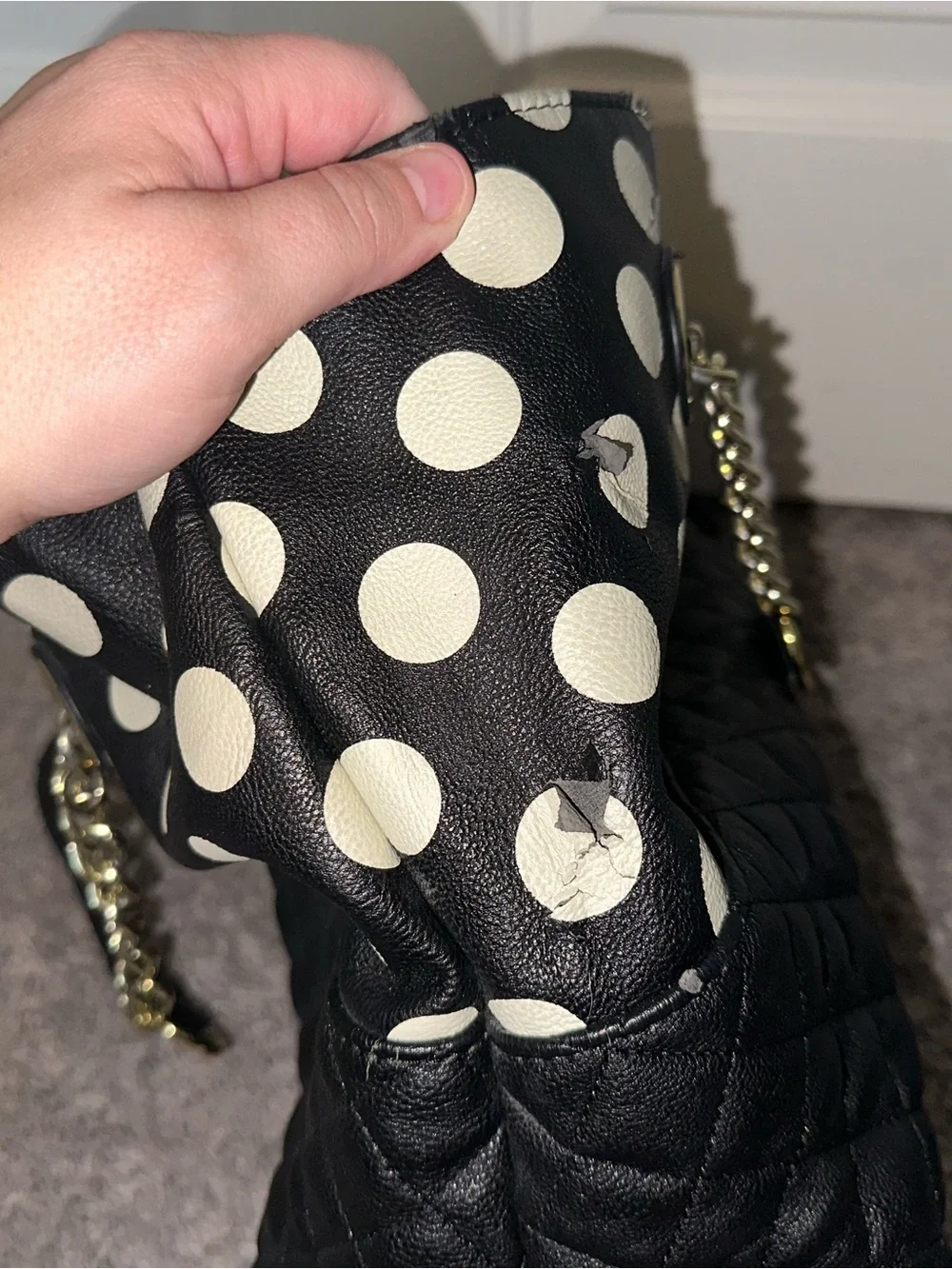 Betsey Johnson Black & White Polka Dot Quilted Tote with Gold Chain Handles